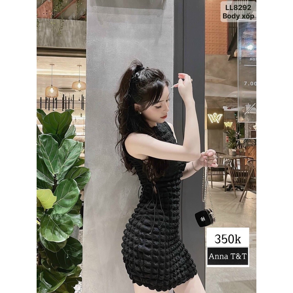 Đầm body bông xốp thắt dây eo tôn dáng