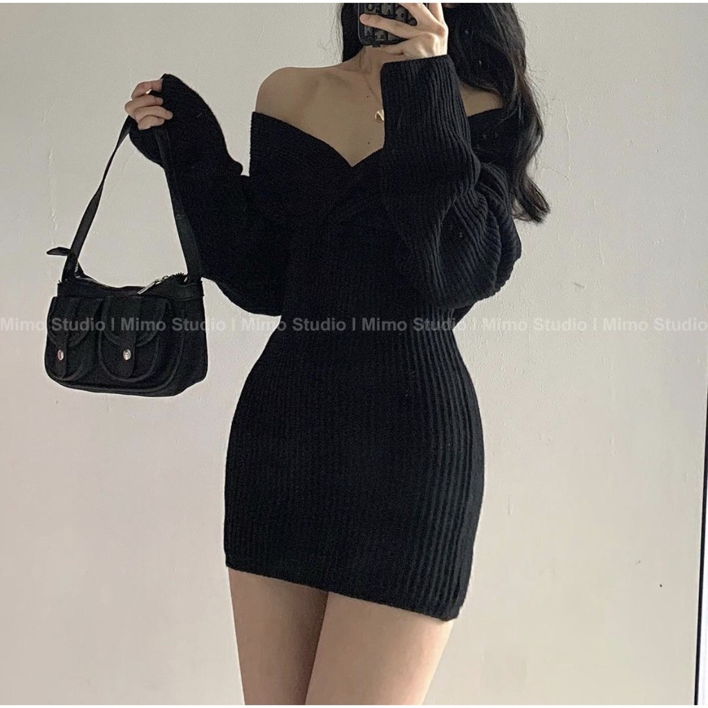 -  Quà tặng sinh nhật,bạn gái,cho nữ,tết Đầm len tăm ngắn trễ vai tay dài