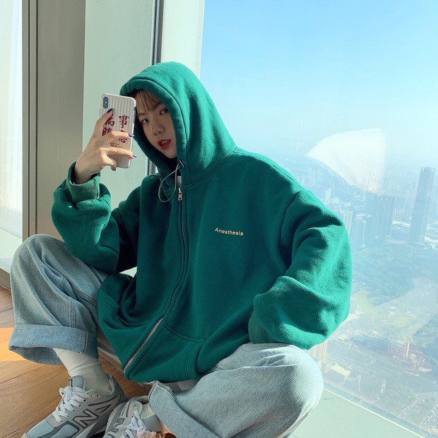 Áo khoác hoodie nỉ bông thêu Icon chữm nữ màu xanh Cheapy form rộng khóa kéo oversize mặc mùa đông cá tính hàn quốc