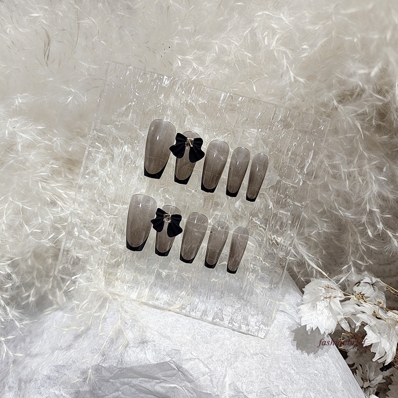 [Hàng mới về] Bộ 24 móng tay giả đính nơ màu đen sang trọng diy