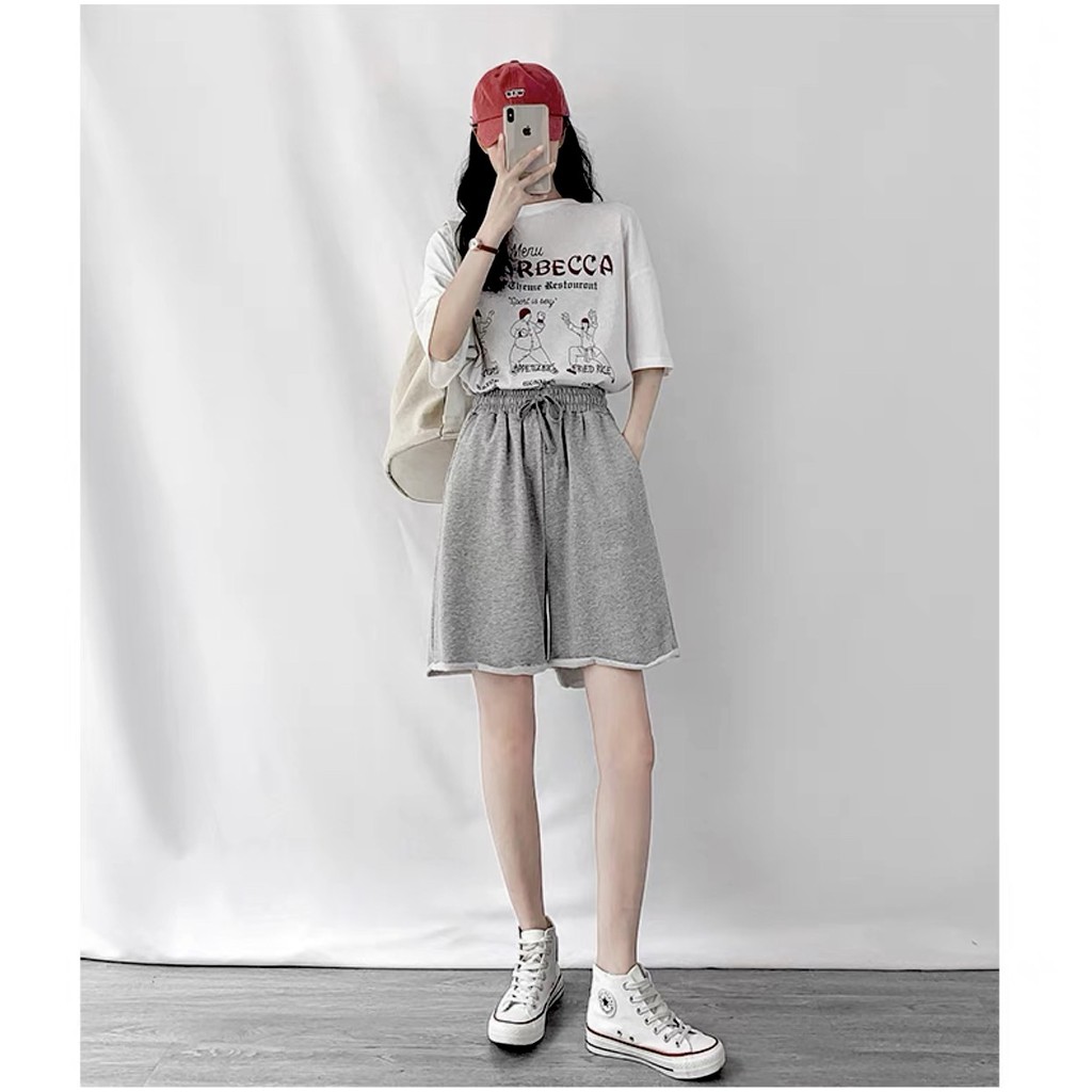 Set quần đùi xám kèm áo thun Menu nữ - Bộ đồ short ống rộng, phông tay lỡ oversize in hình cá tính Ulzzang SIÊU ĐẸP