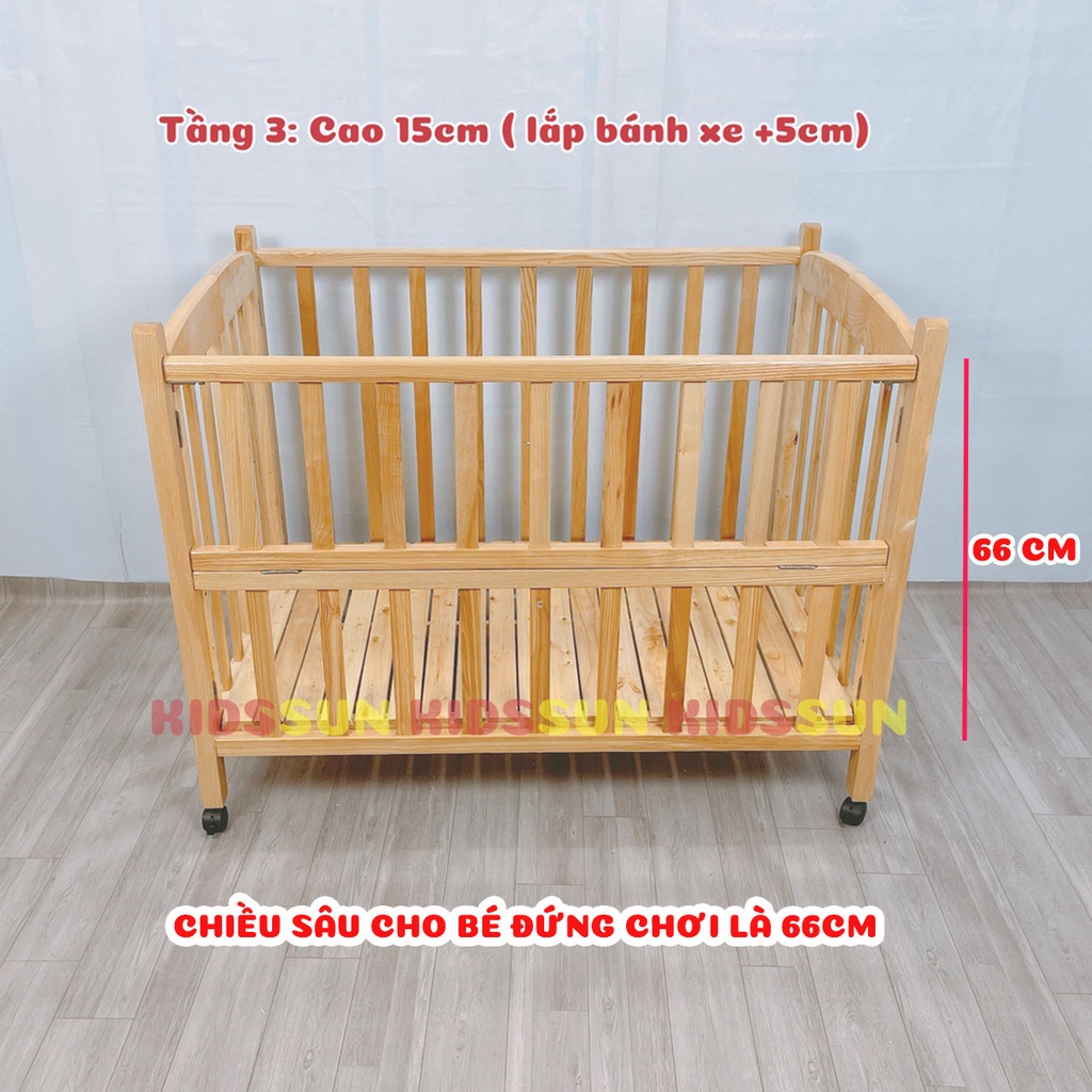 Nôi Cũi Gỗ Quế  KIDSSUN Cho Bé Chất Liệu Gỗ Quế Cao Cấp Có 3 Nấc Giát Bảo Hành 24 Tháng Hàng Xuất Khẩu Tặng BX