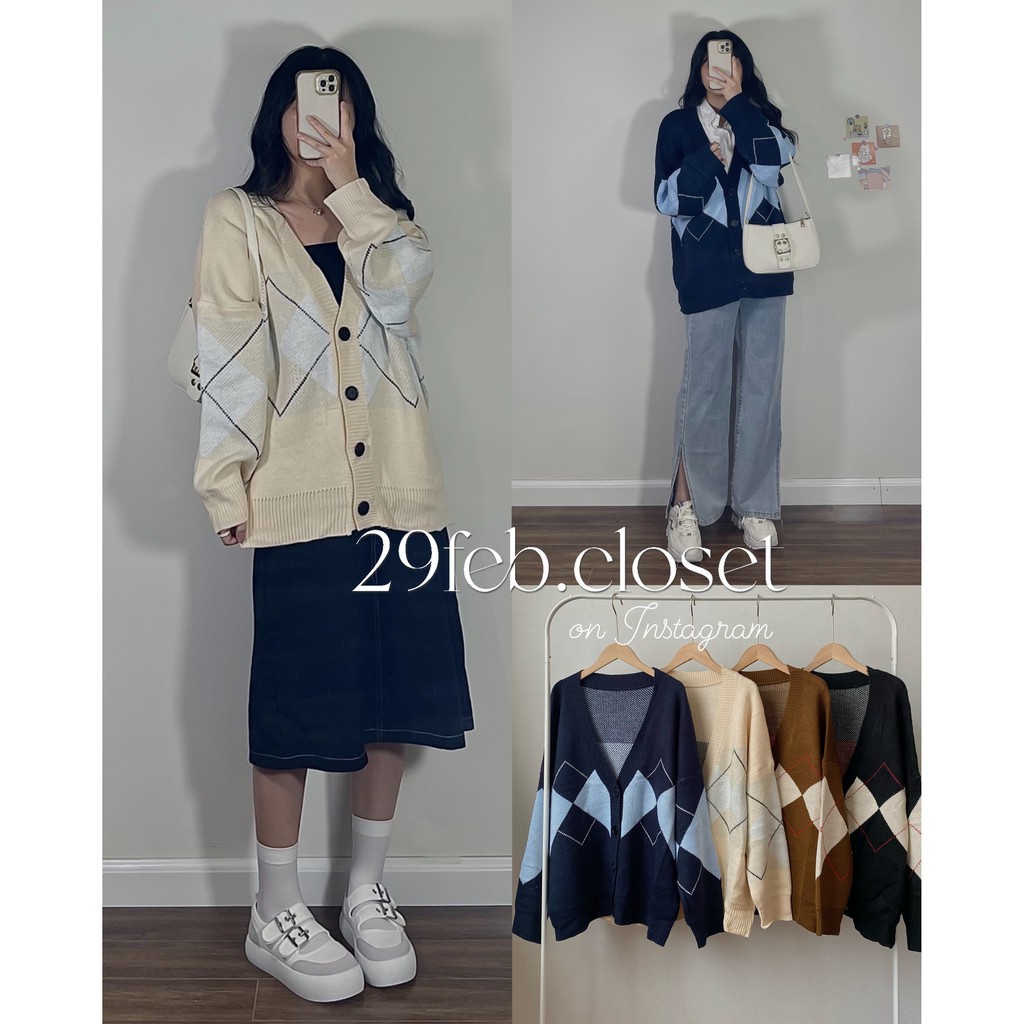 Áo khoác cardigan len kẻ trám to oversize dày dặn hàng loại 1 VER.2 (Ảnh video 29feb chụp)