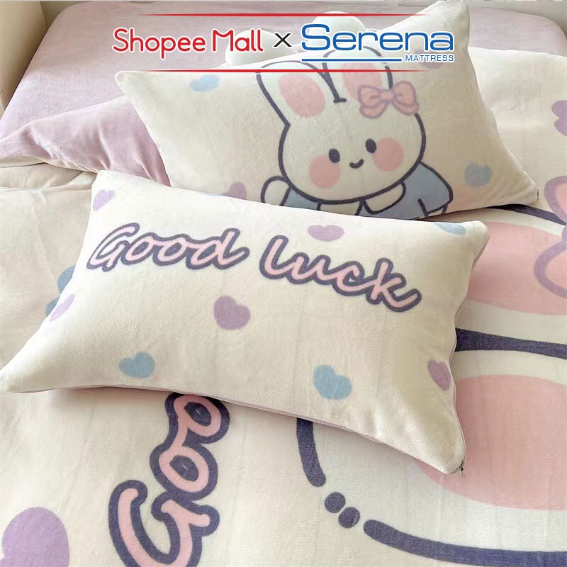 Bộ Chăn Ga Giường Gối Nệm Dễ Thương Full 5 Món Vải Nỉ Nhung Chính Hãng SERENA MATTRESS Combo Chăn Ra Drap Gối Đệm Nệm