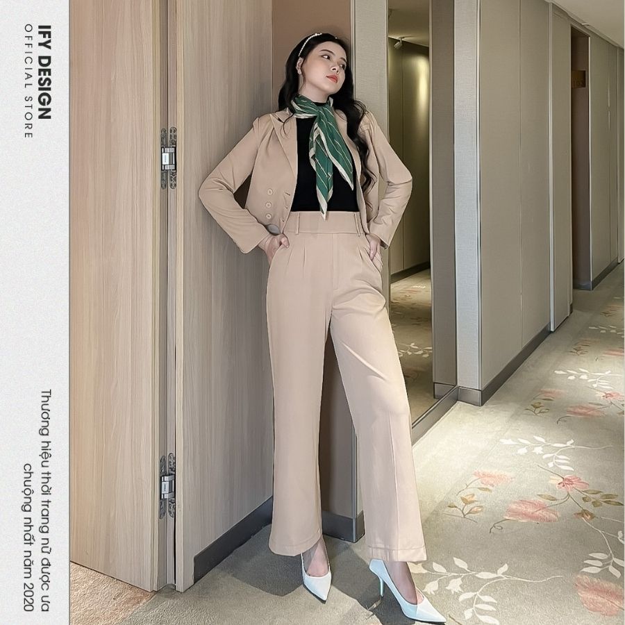 SET bộ vest nữ croptop | Áo Vest croptop dài tay dáng ngắn, Quần Ống Suông đen, be cạp cao IFY Design FS100