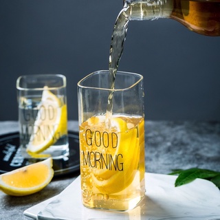 Ly thủy tinh hình vuông in chữ good morning 240ml / 400ml cao cấp
