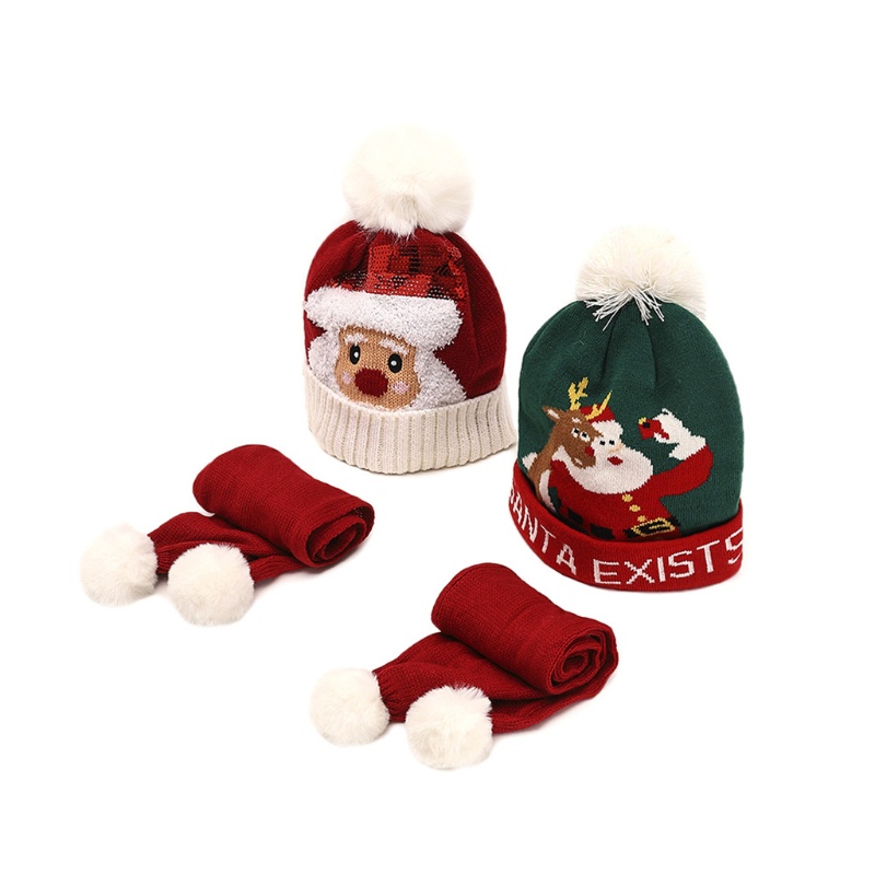 Set Mũ beanie + Khăn Choàng Cổ Hoạ Tiết Giáng Sinh Hoạt Hình Cho Bé