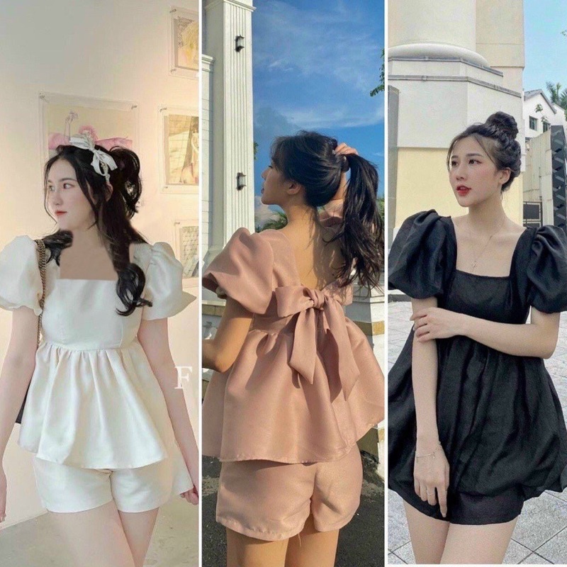 Sét bộ áo peplum cổ vuông nơ lưng kèm quần short bigsize 50kg đến 100kg sét tết