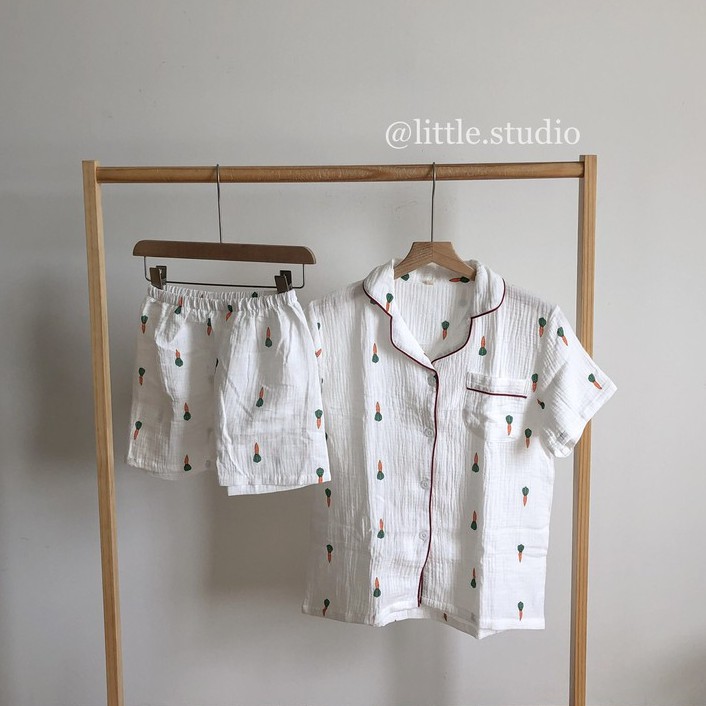 Bộ đồ ngủ Pyjama họa tiết siêu dễ thương vải muslin Hàn Quốc mùa hè