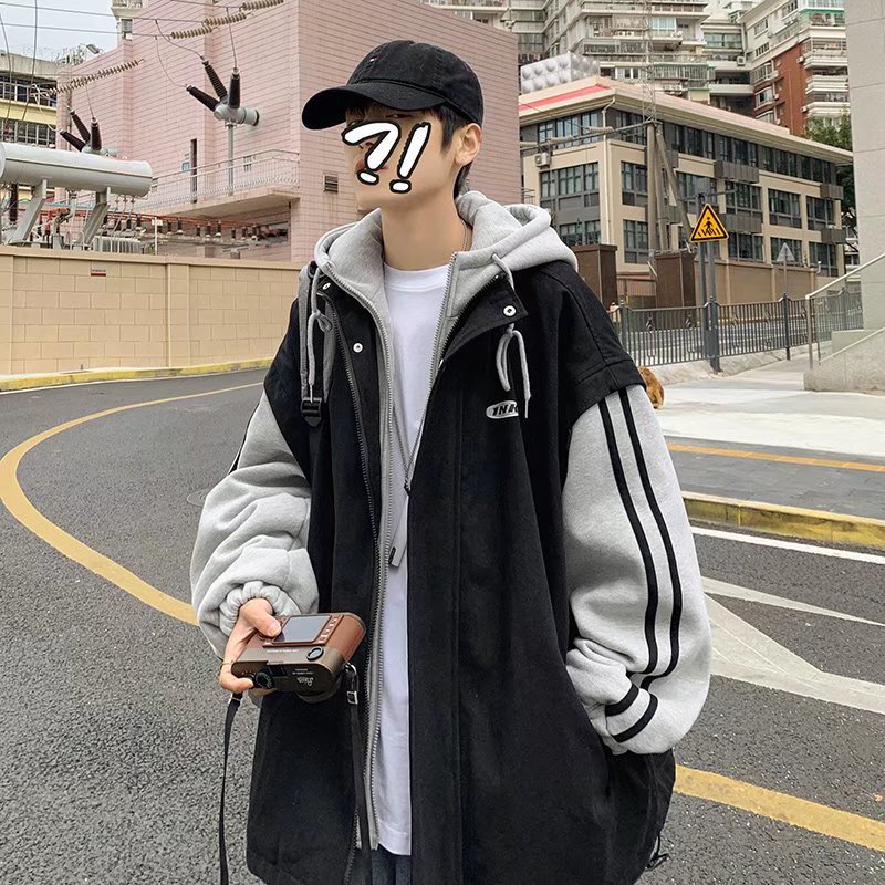 Áo khoác hoodie có khóa kéo giả hai lớp phong cách Hàn Quốc thời trang dành cho nam
