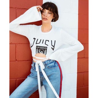 (SIZE 8US) ÁO THUN CROPTOP TAY LOE CỘT EO JUICY COUTURE CHÍNH HÃNG (TRẮNG) (A87-THC)