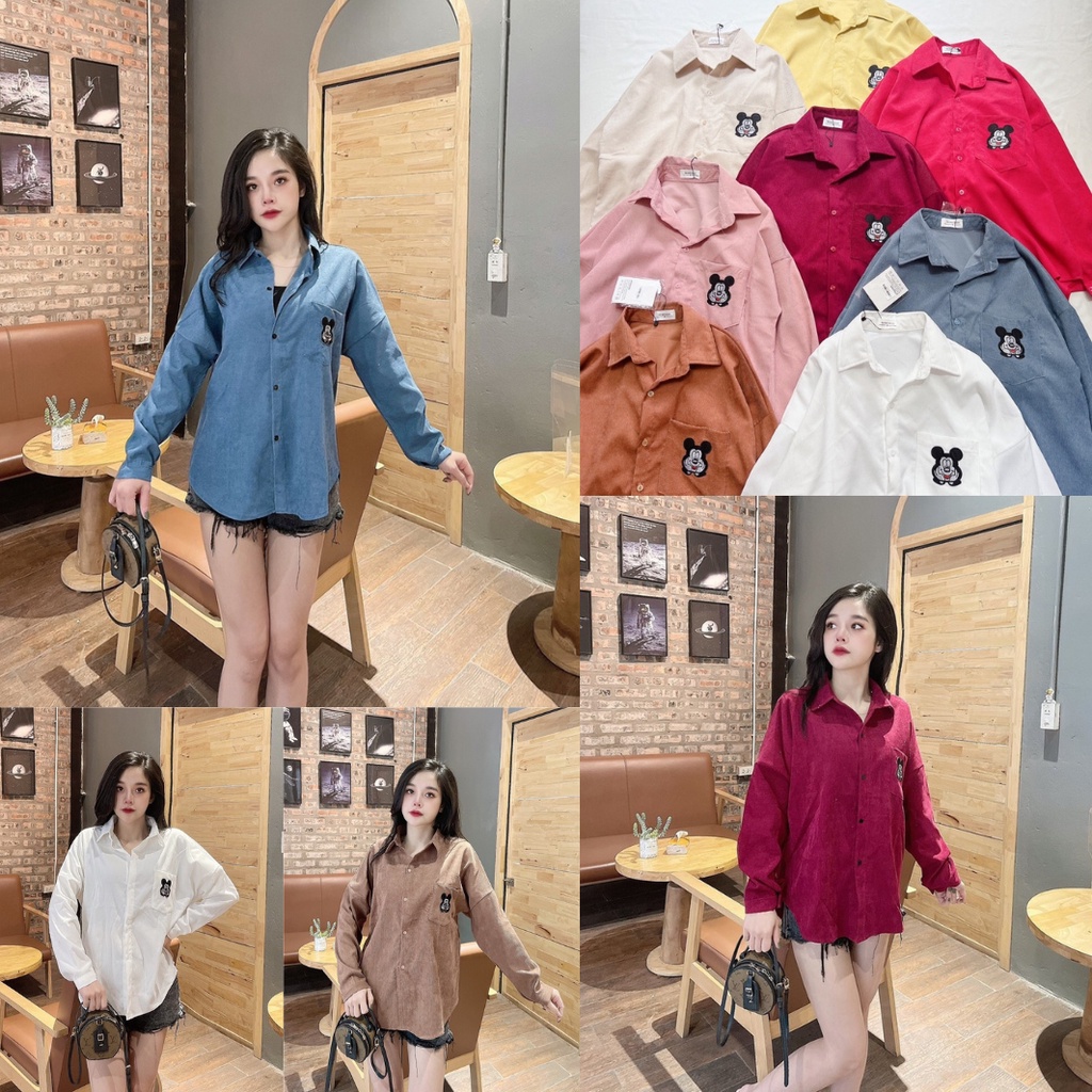 Áo sơ mi nhung tăm thêu Mickey nhiều màu Lovi