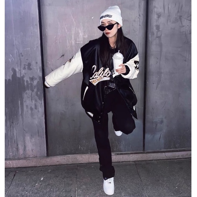 Áo Khoác Da Varsity Jacket Unisex From Rộng 2 Lớp Hình Thêu 100%