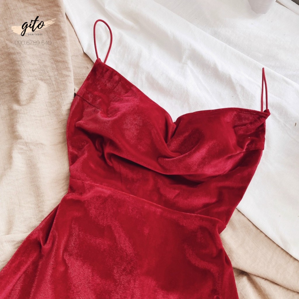 ĐẦM HAI DÂY XẺ ĐÙI HỞ LƯNG- NHUNG SEXY- ĐEN NGẮN/ĐỎ - GD030 | BigBuy360 - bigbuy360.vn