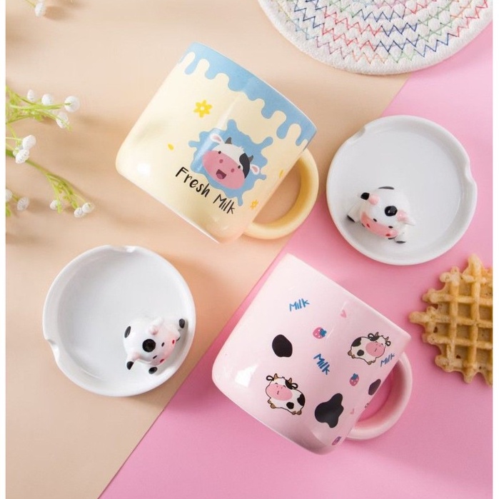 Ly cốc sứ Thú cưng Heo hồng - Gấu Bắc Cực - Bò Sữa Moo - Mèo Cat Tour dễ thương kèm thìa