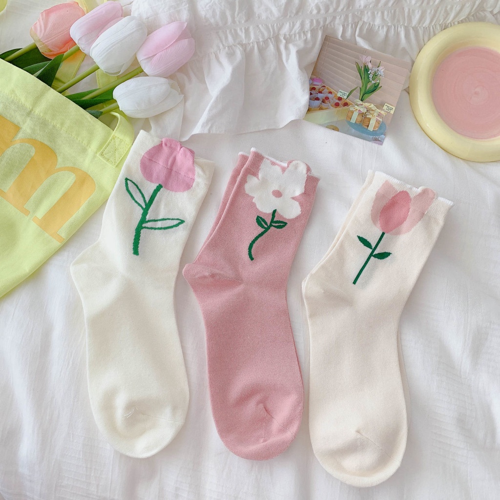 Vớ Cotton Mỏng Màu Trắng Họa Tiết Hoa Thời Trang Mùa Hè Phong Cách Nhật Hàn Cho Nữ
