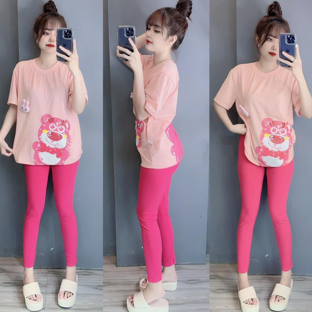 Bộ gấu kèm thỏ bông gài, in hình gấu,  quần thun ôm . Có sẵn