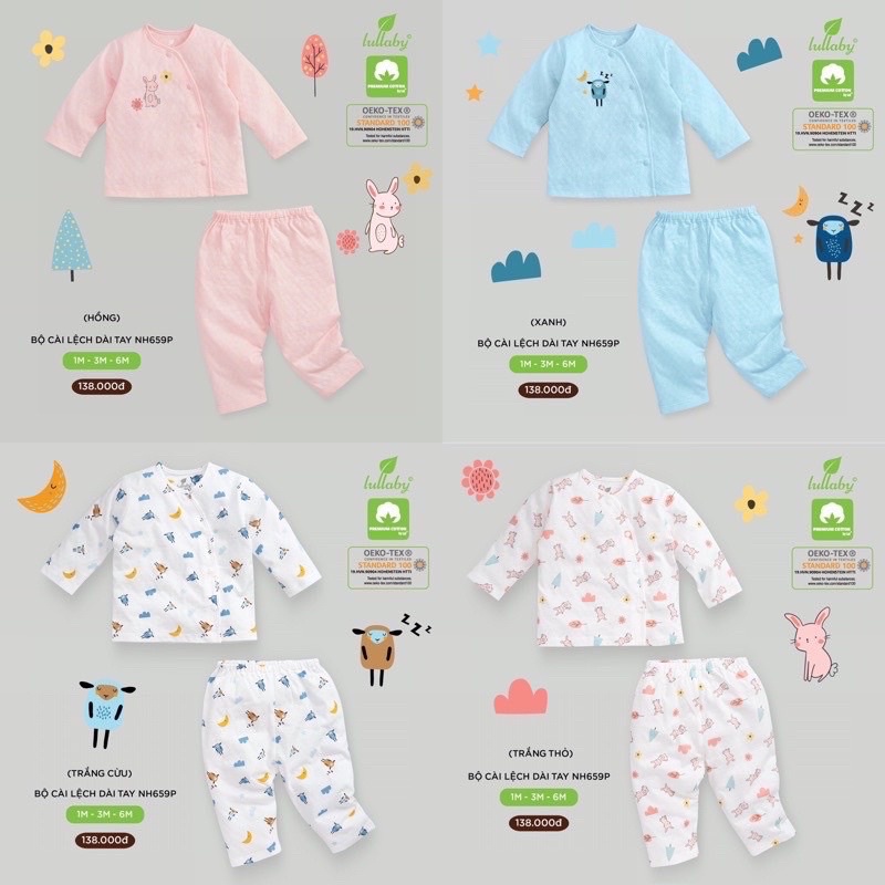 Bộ sơ sinh cài lệch vải thở Lullaby NH659P(1-6m)