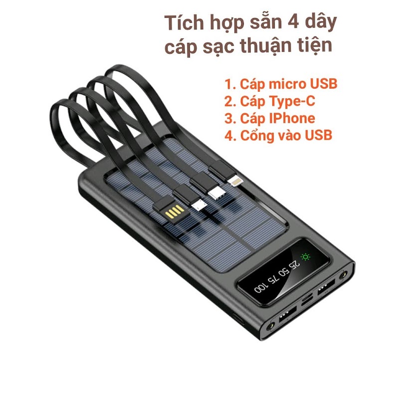 Pin Sạc Dự Phòng Năng Lượng Mặt Trời TIANSHU 20000 mAh Tích Hợp 4 Dây Cáp Sạc