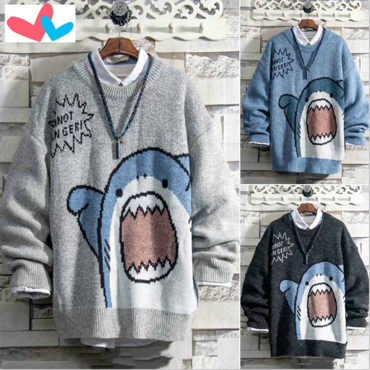 Áo Len Nữ Cartoon Shark Round Neck Loose Korean Knit Ins Couple Sweater Men ...