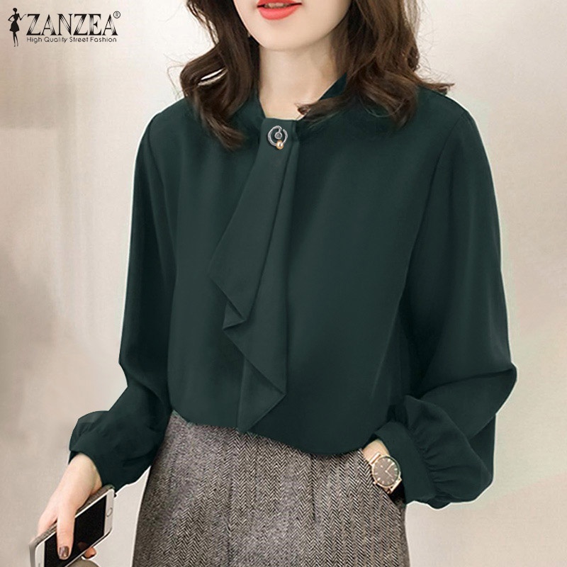 Áo kiểu nữ ZANZEA cổ tròn tay phồng cài nút sau lưng phong cách cổ điển thanh lịch thời trang