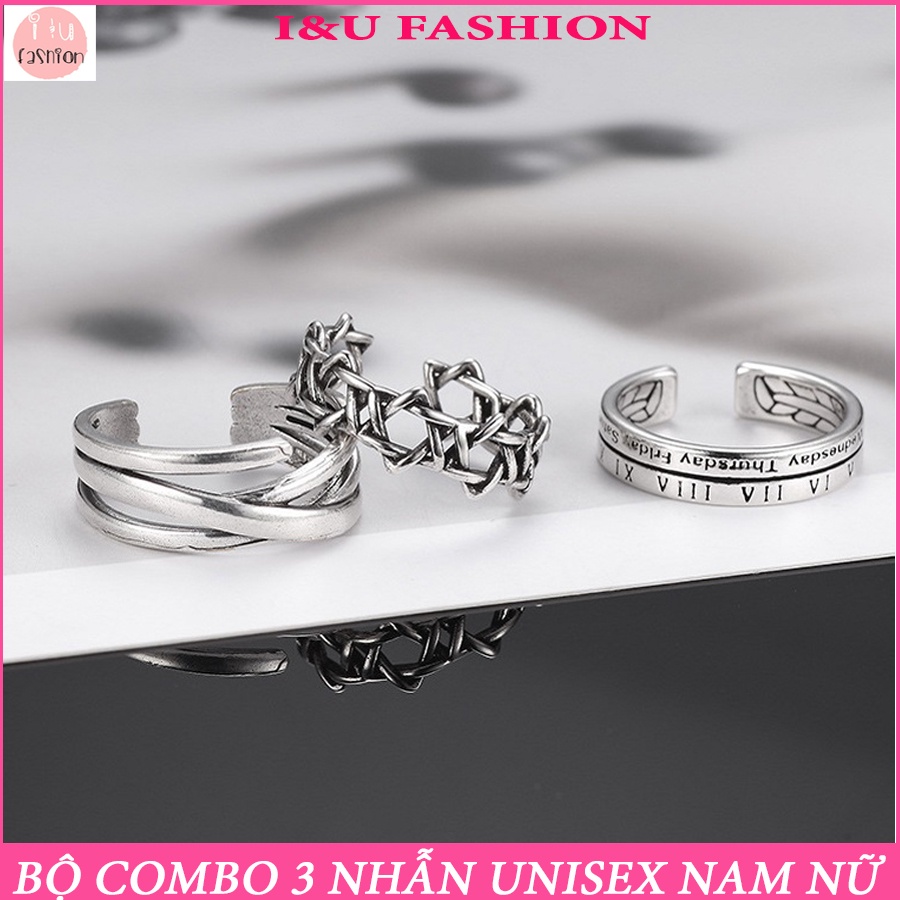 Bộ combo 3 chiếc nhẫn đeo tay UNISEX Nam Nữ kiểu mở có thể dễ dàng điều chỉnh kích thước với 3 thiết kế khác nhau NA-18