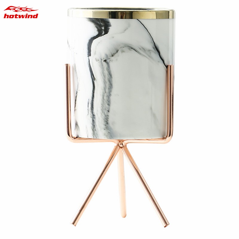 Chậu gốm in vân cẩm thạch trồng cây sen đá kèm giá đỡ kim loại phong cách Bắc Âu trưng bày trang trí nhà cửa