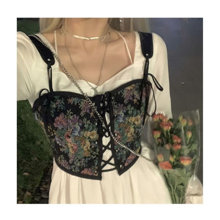 Áo Hai Dây To Bản Họa Tiết Hoa Phong Cách Retro, Corset Vintage Mặc Ngoài Váy  ❤️