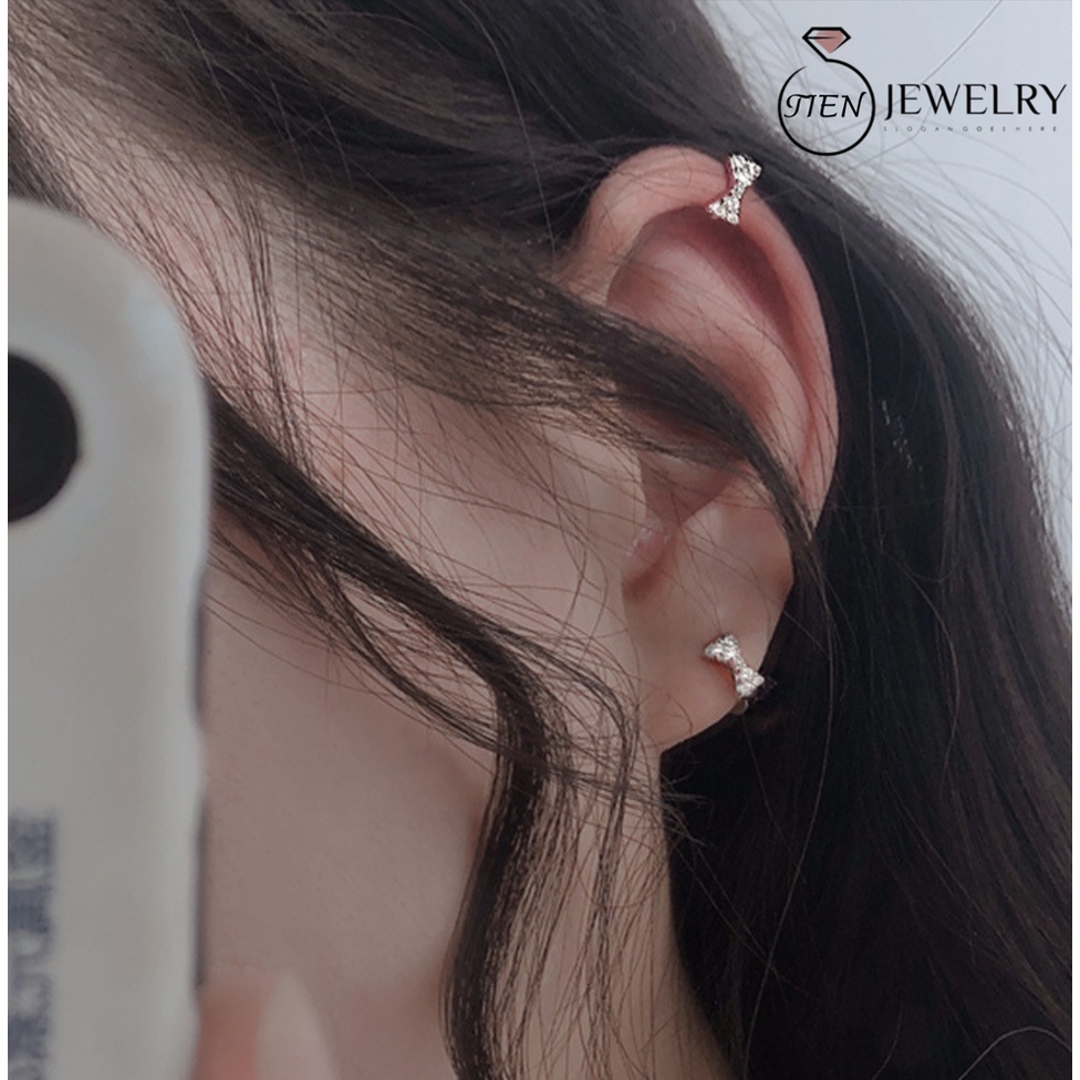 Khuyên tai bạc nữ 925 đính đá lấp lánh trẻ trung hình nơ, bông tai bạc dành cho phái nữ - Tien Jewelry