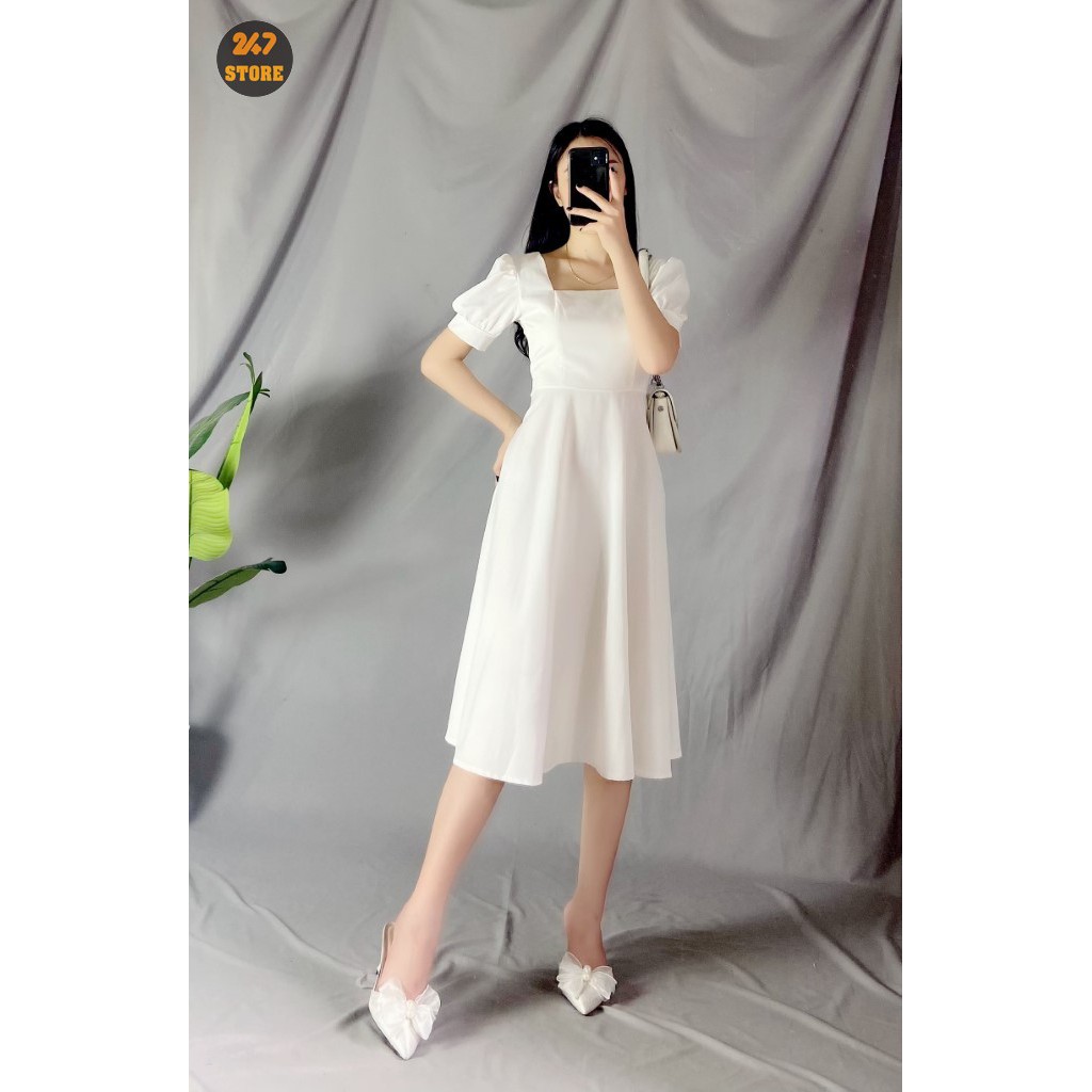 Váy Cổ Vuông Dáng Xòe Tay Bồng Cộc Tay 2 màu cực xinh 247store | BigBuy360 - bigbuy360.vn