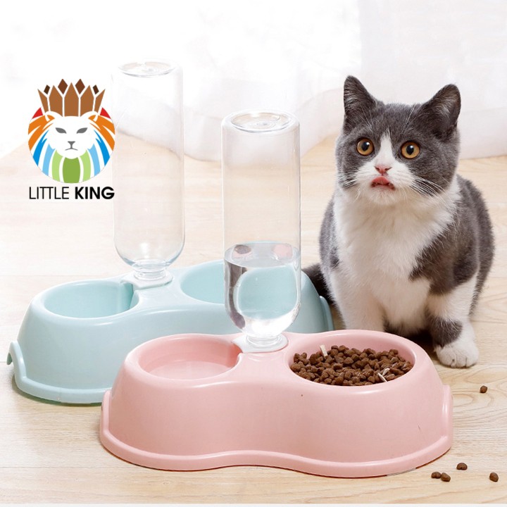 Bát ăn đôi kèm bình nước tự động cỡ nhỏ cho chó mèo, thú cưng Little King pet shop chất liệu nhựa PP