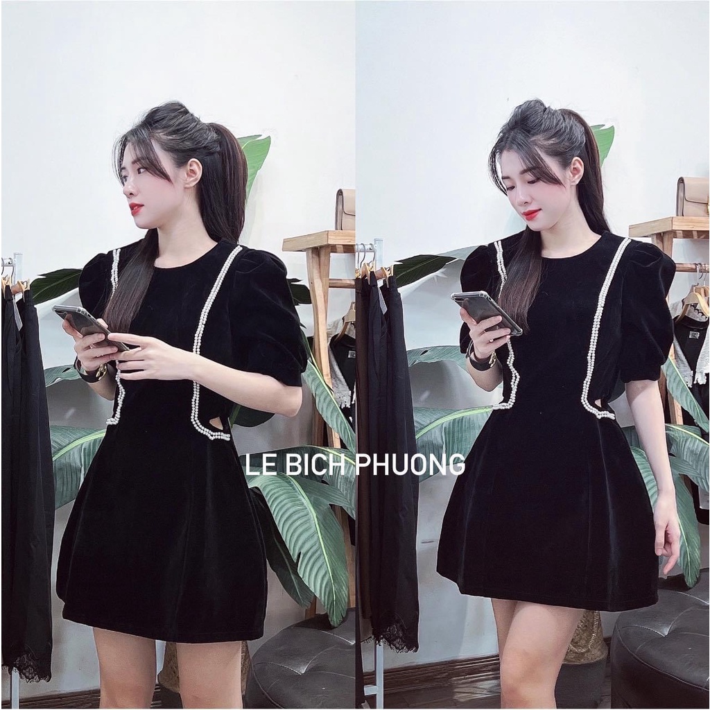 ✨BÁN SỈ✨VÁY NHUNG HAI LỚP ĐÍNH CƯỜM KHOÉT EO