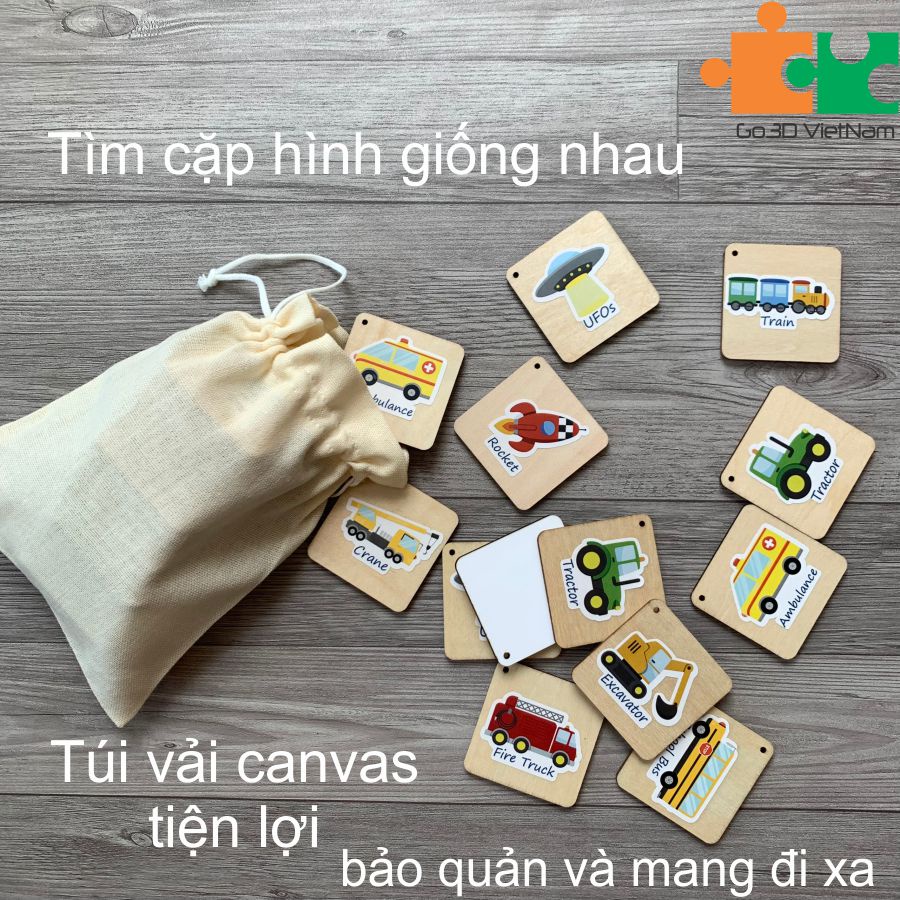 Tìm cặp giống nhau, tìm cặp đôi, memory game bằng gỗ hình ô tô - Rèn luyện siêu trí nhớ cho bé