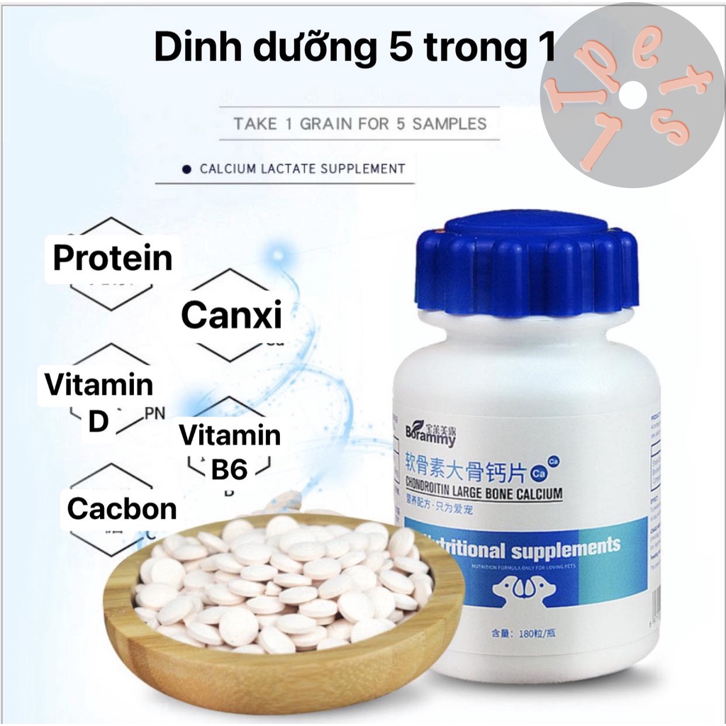 Vitamin Borammy bổ sung Canxi, Nguyên tố vi lượng, Men tiêu hoá, Giải độc cho chó mèo (180v)