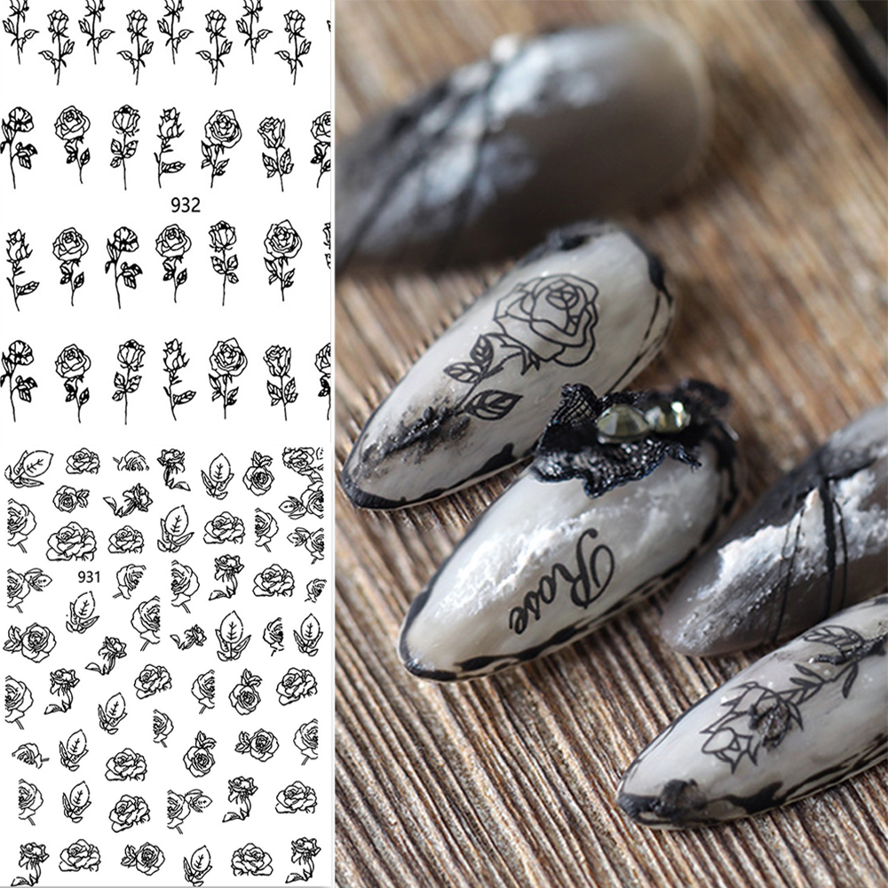 [Hàng mới về] Hình Dán Móng Tay 3D Trang Trí Nghệ Thuật Họa Tiết Hoa Hồng Đen Đơn Giản Cho Nữ