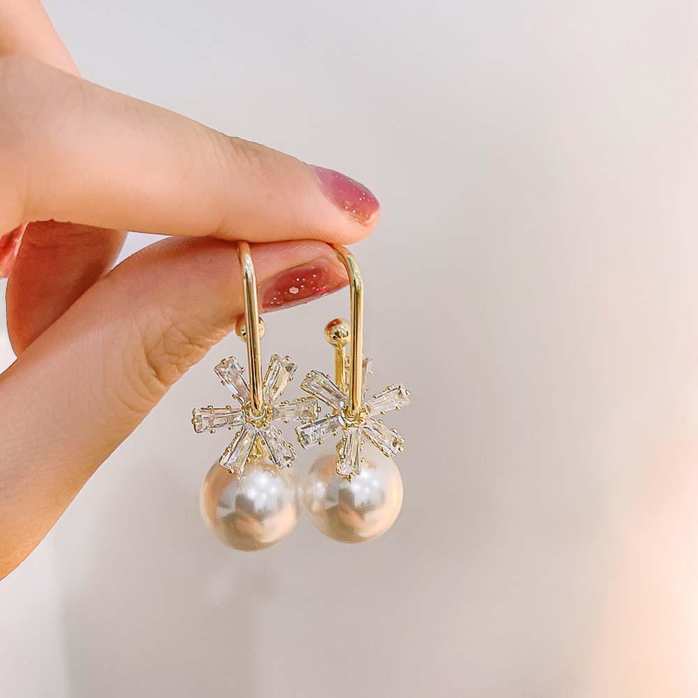 Khuyên Tai Hình Chữ C Đính Đá Zircon / Ngọc Trai Đơn Giản Thời Trang Hàn Quốc