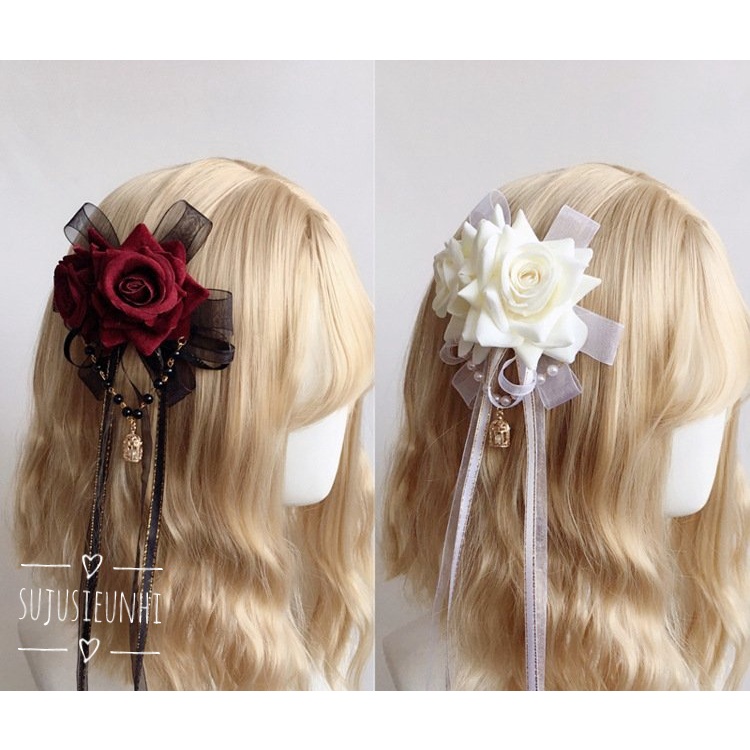(2 màu) Kẹp tóc handmade vải voan kết nơ và chuông tua rua thả dài có đính 2 bông hoa hồng phong cách gothic lolita
