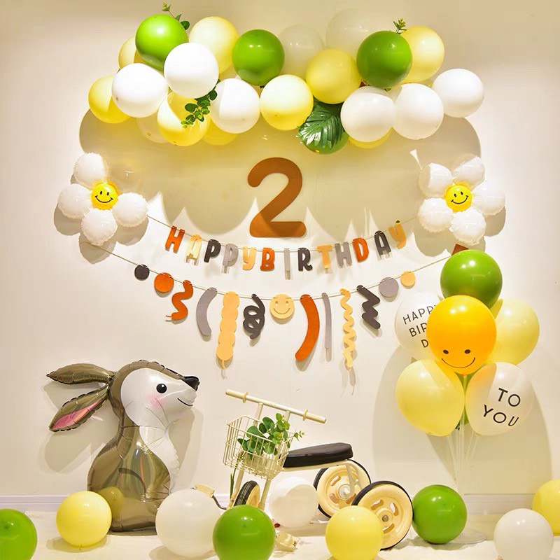 Set trang trí sinh nhật bóng Thỏ xám phong cách Hàn Quốc