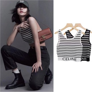 Lisa blackpink Áo Hai Dây Kẻ Sọc Đen Trắng In Chữ Thời Trang