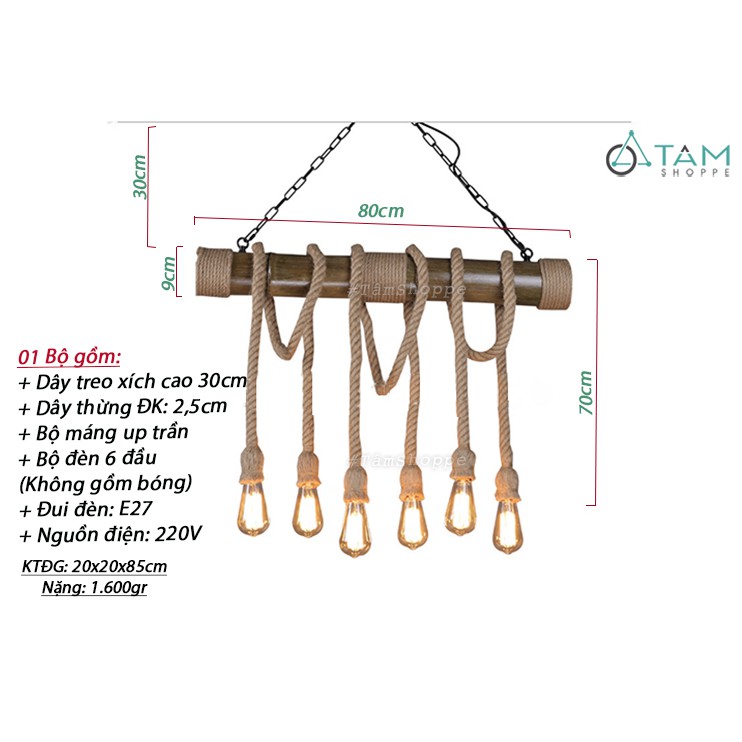 Đèn thả trần dây thừng khúc gỗ tre thòng 6 dây FE-ĐTTDT-08