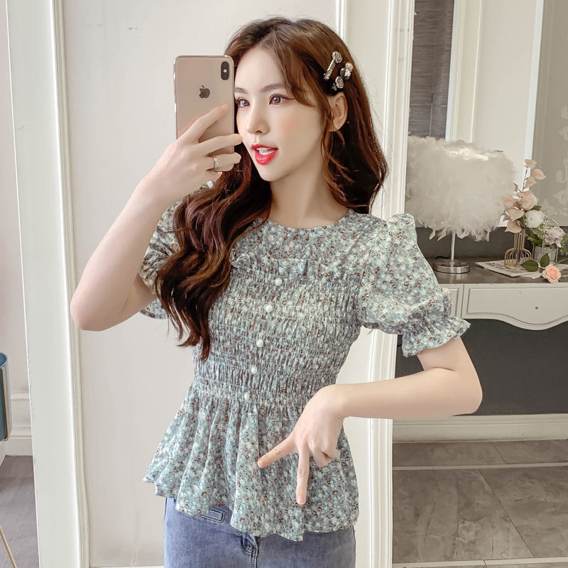 Áo Sơ Mi Chiffon Tay Ngắn In Họa Tiết Hoa Tươi Mới Phong Cách Hàn Quốc Thời Trang Mùa Hè Cho Nữ