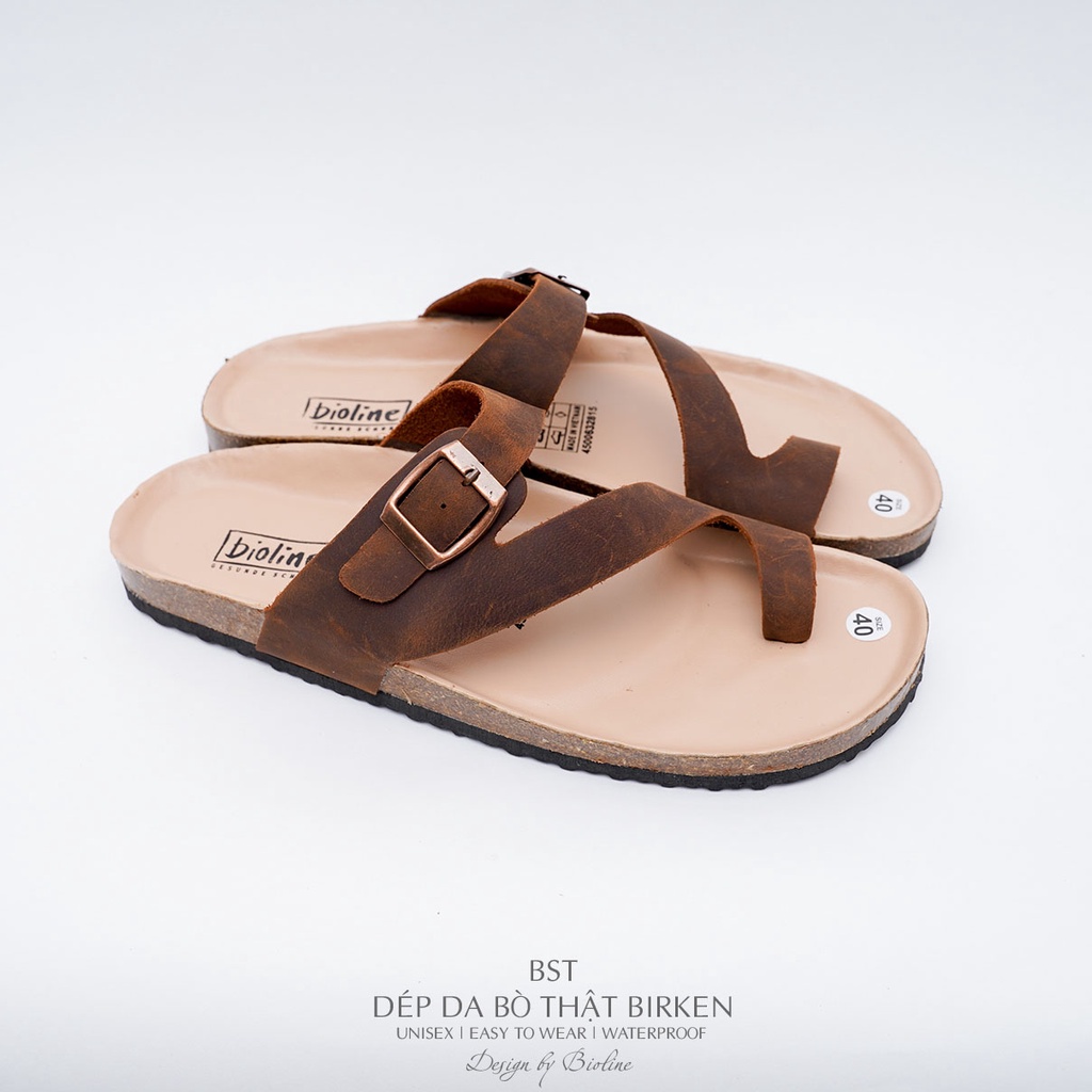 DK24-LÓT CHỐNG NƯỚC- Dép đế trấu Birken da bò thật nam nữ unisex xỏ ngón BIOLINE