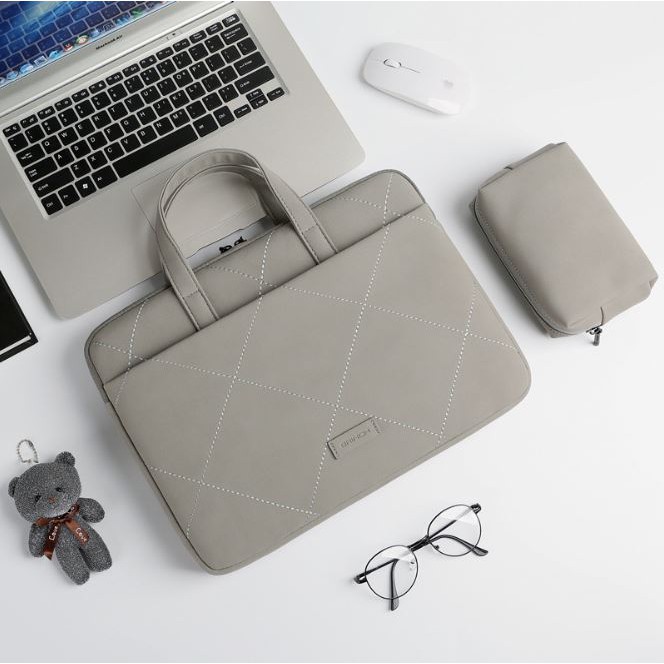 Cặp xách da chống sốc cho macbook, laptop, surface cute tặng kèm gấu bông