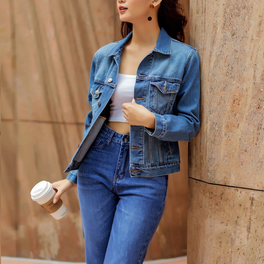 Áo Khoác Jean Nữ Trơn Màu Xanh Đậm Nhạt Aaa Jeans | BigBuy360 - bigbuy360.vn