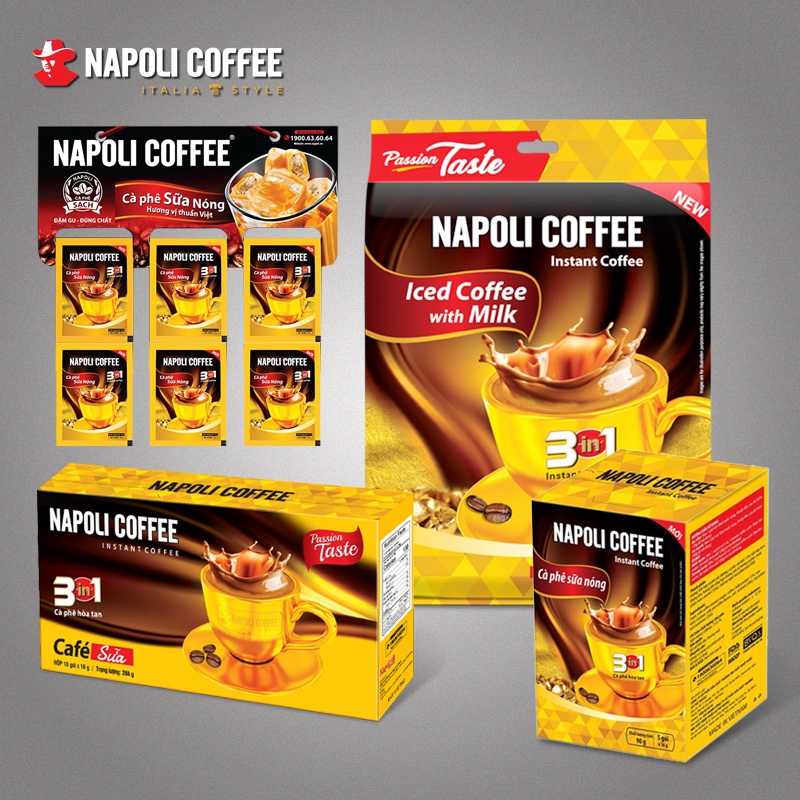 Cà Phê Nguyên Chất 3in1 Sữa Nóng Napoli Coffee 18 gói x 16g -Hạt Robusta/Arabica HỘP LỚN