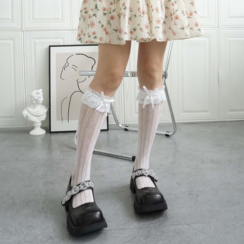 Run Vớ Ống Ren Rỗng Trái Tim Rỗng Phối Bèo Nhún Đính Ngọc Trai Phong Cách Harajuku Ngọt Ngào Cho Nữ