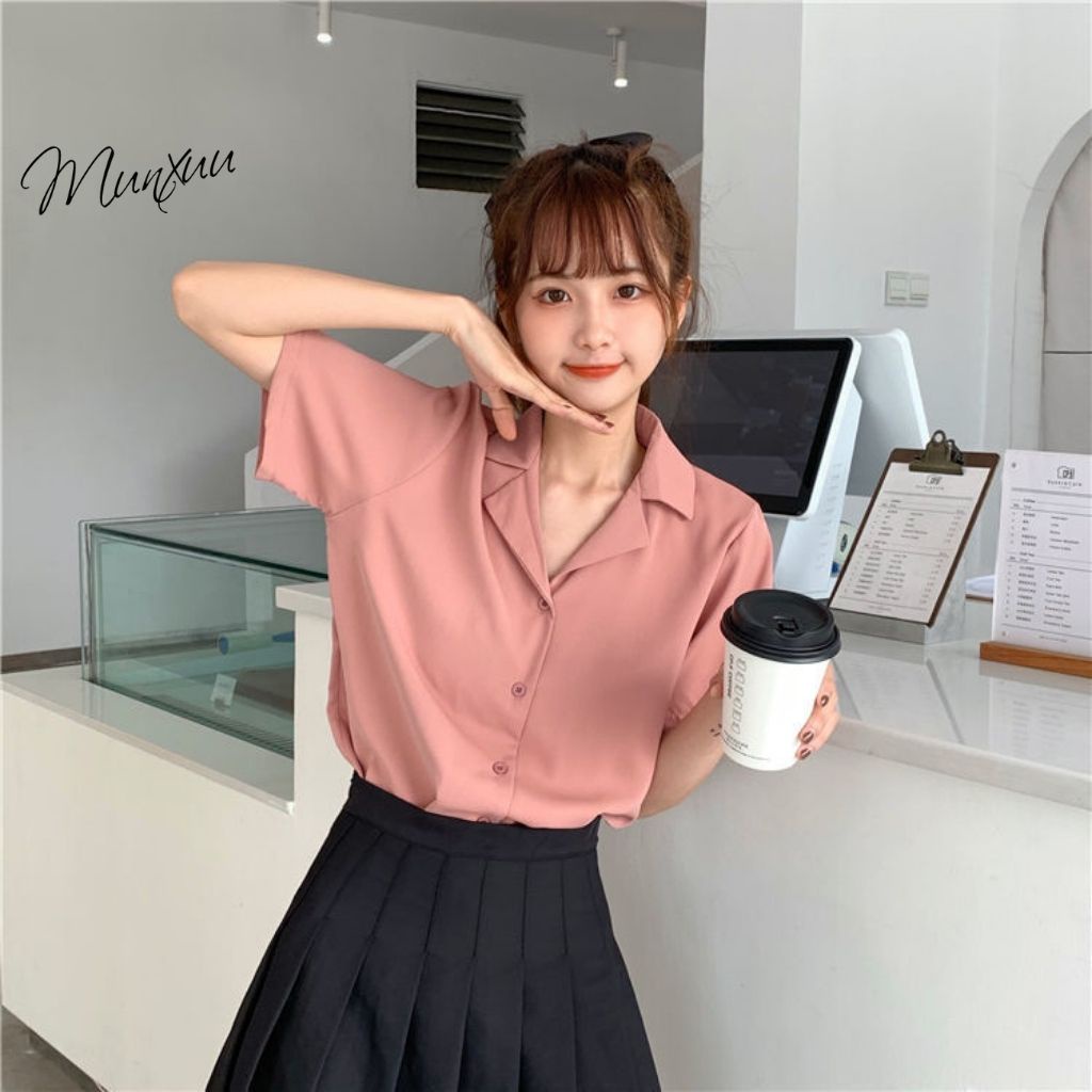 Áo sơ mi nữ tay ngắn dáng trơn basic Munxuu bản cổ vest 3 màu Ulzzang - SM21 | BigBuy360 - bigbuy360.vn