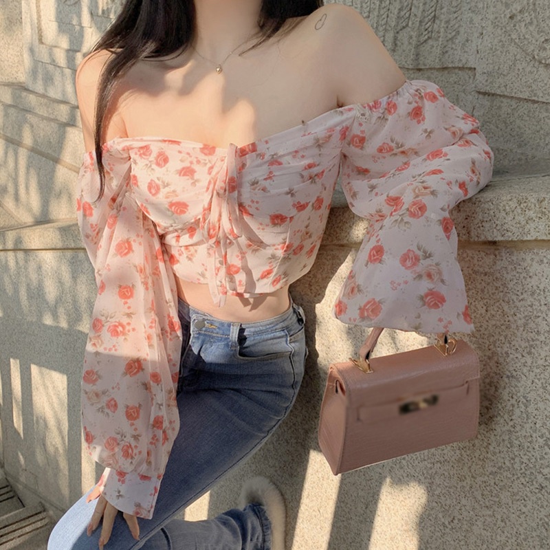 Áo Crop Top Vải Voan Tay Dài Phồng Trễ Vai In Hoa Kiểu Retro Hàn Quốc Xinh Xắn Cho Nữ