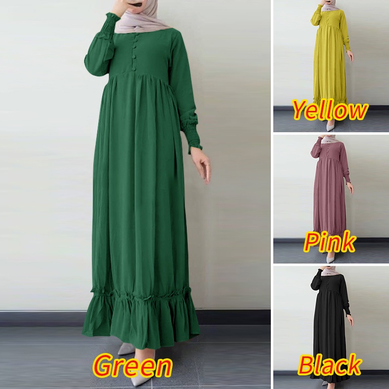 Đầm maxi ZANZEA tay dài màu trơn phong cách hồi giáo thời trang vintage cho nữ