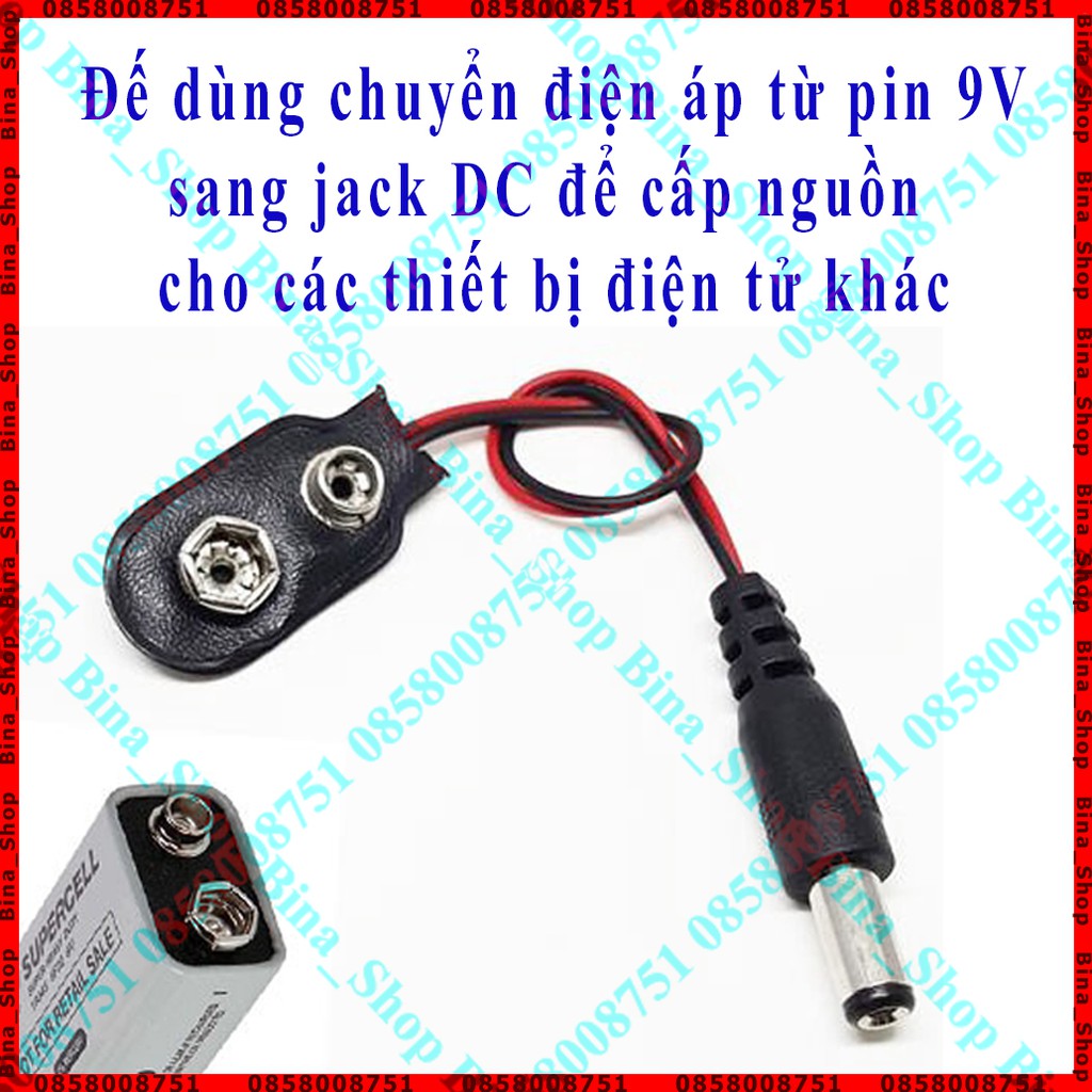 Cáp chuyển đổi từ pin 9V sang jack DC 5.5x2.1 dài 15cm